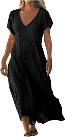 Beach Dresses for Women 2025 Vacation Flowy Short Sleeve V-Neck Summer Cotton Linen Casual Cruise Maxi Sundress