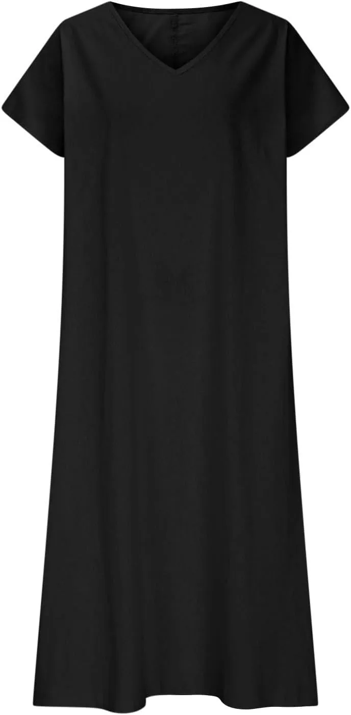 Beach Dresses for Women 2025 Vacation Flowy Short Sleeve V-Neck Summer Cotton Linen Casual Cruise Maxi Sundress