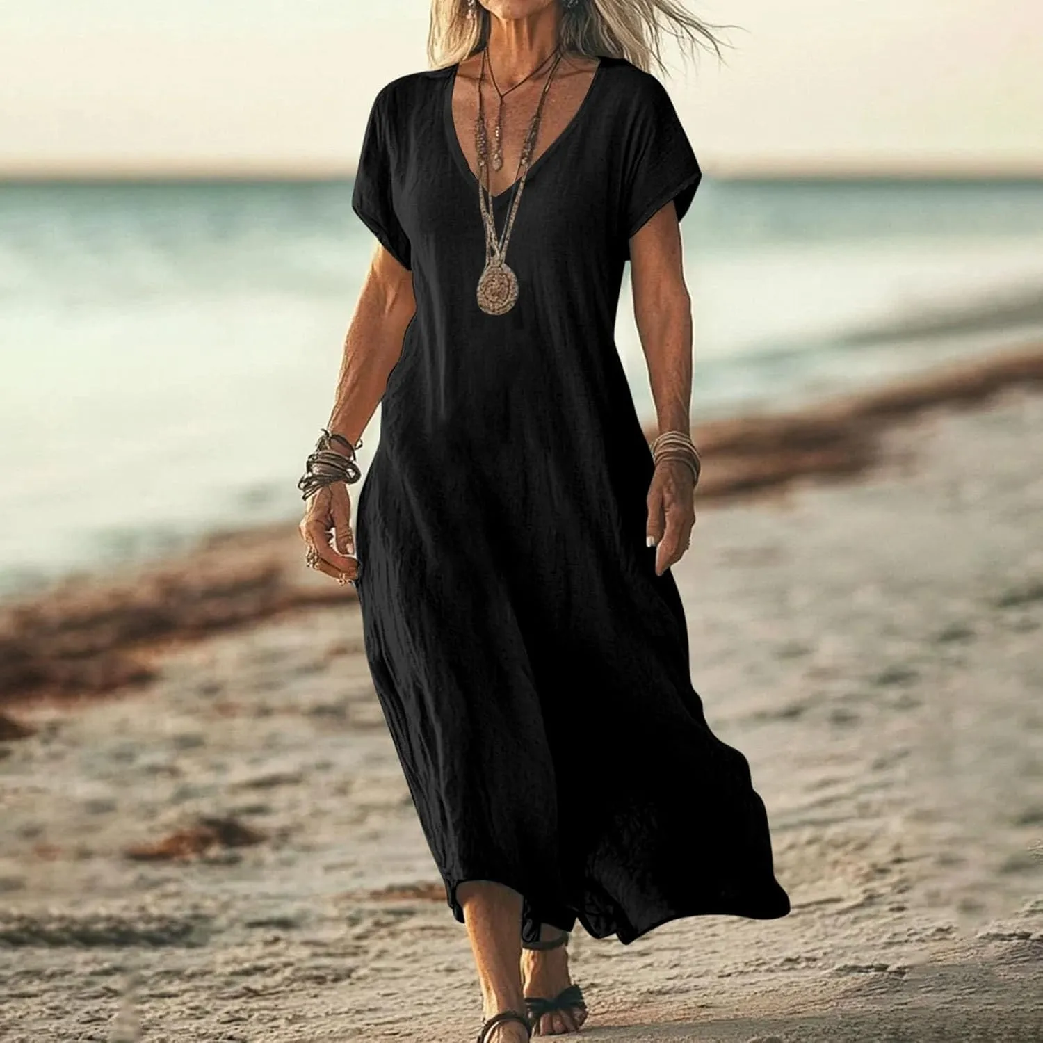 Beach Dresses for Women 2025 Vacation Flowy Short Sleeve V-Neck Summer Cotton Linen Casual Cruise Maxi Sundress