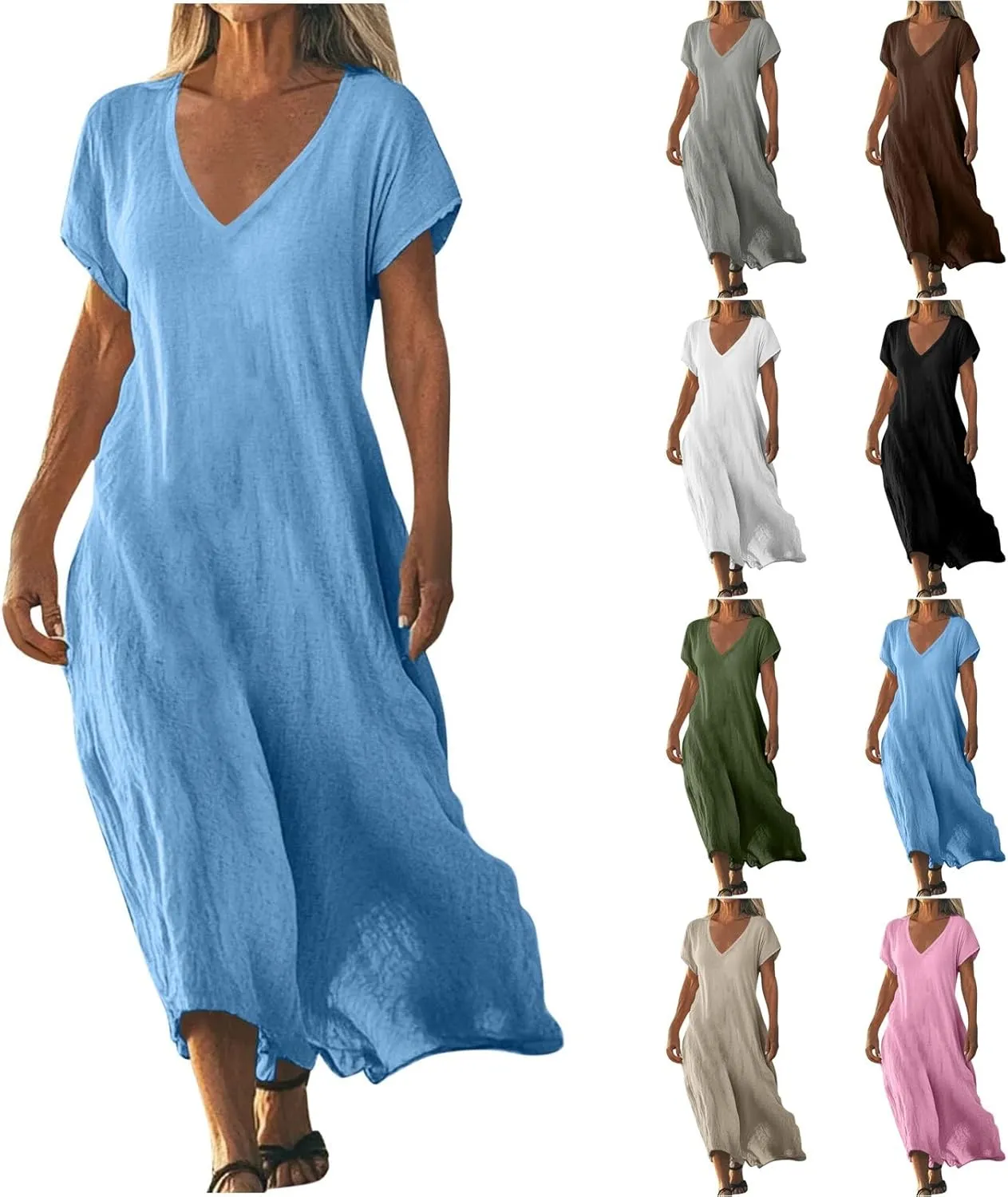 Beach Dresses for Women 2025 Vacation Flowy Short Sleeve V-Neck Summer Cotton Linen Casual Cruise Maxi Sundress