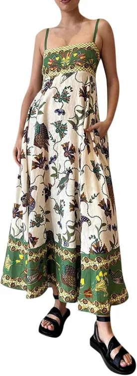 Beach Dresses for Women 2025 Vacation Spaghetti Strap Graffiti Maxi Dress Graphic A Line Swing Long Cami Dress