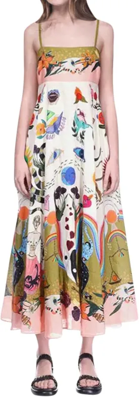Beach Dresses for Women 2025 Vacation Spaghetti Strap Graffiti Maxi Dress Graphic A Line Swing Long Cami Dress
