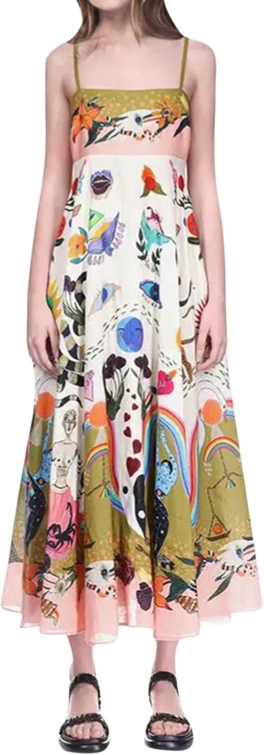 Beach Dresses for Women 2025 Vacation Spaghetti Strap Graffiti Maxi Dress Graphic A Line Swing Long Cami Dress