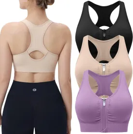 Evercute Women's Zip Front Sports Bras Wireless Padded Racerback Medium Support Post-Surgery Bra Yoga Exercise Athletic Bras