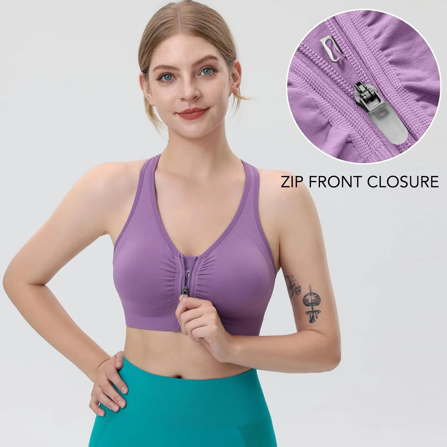 Evercute Women's Zip Front Sports Bras Wireless Padded Racerback Medium Support Post-Surgery Bra Yoga Exercise Athletic Bras