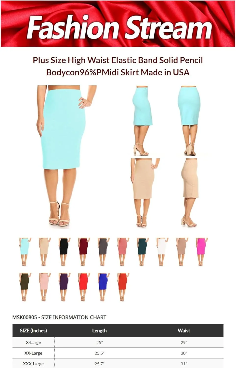 FashionStream Women's Plus Size High Waist Elastic Band Solid Pencil Bodycon Office Work Midi Skirt