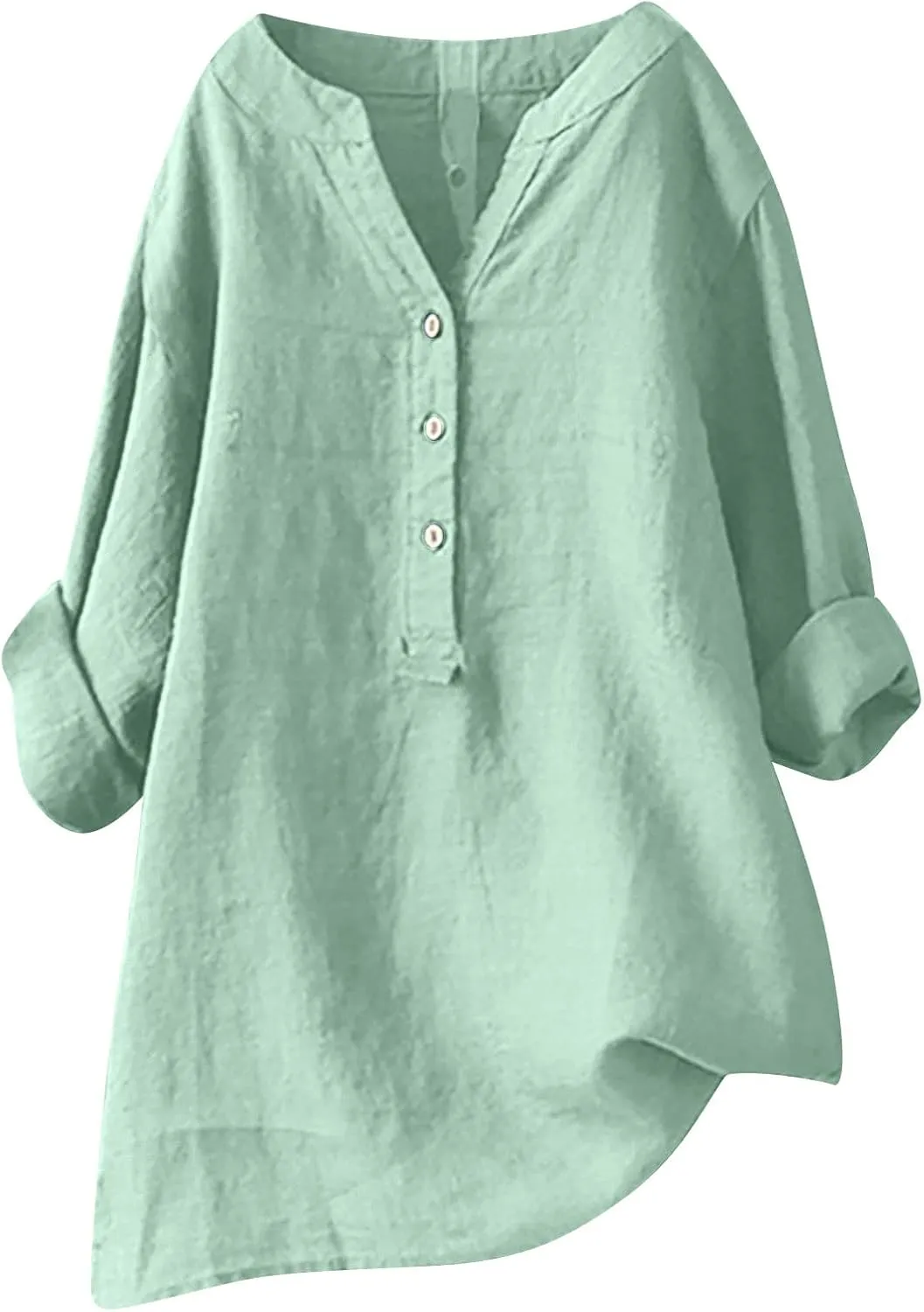 HGps8w Oversized Cotton Linen Tops for Women Half Button V Neck Long Sleeve Loose T-Shirts Summer Solid Color Tunic Blouse