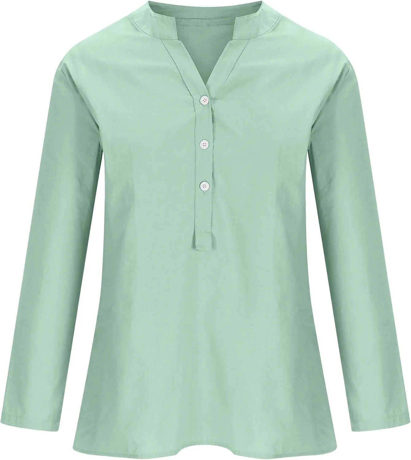HGps8w Oversized Cotton Linen Tops for Women Half Button V Neck Long Sleeve Loose T-Shirts Summer Solid Color Tunic Blouse