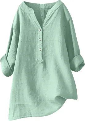 HGps8w Oversized Cotton Linen Tops for Women Half Button V Neck Long Sleeve Loose T-Shirts Summer Solid Color Tunic Blouse