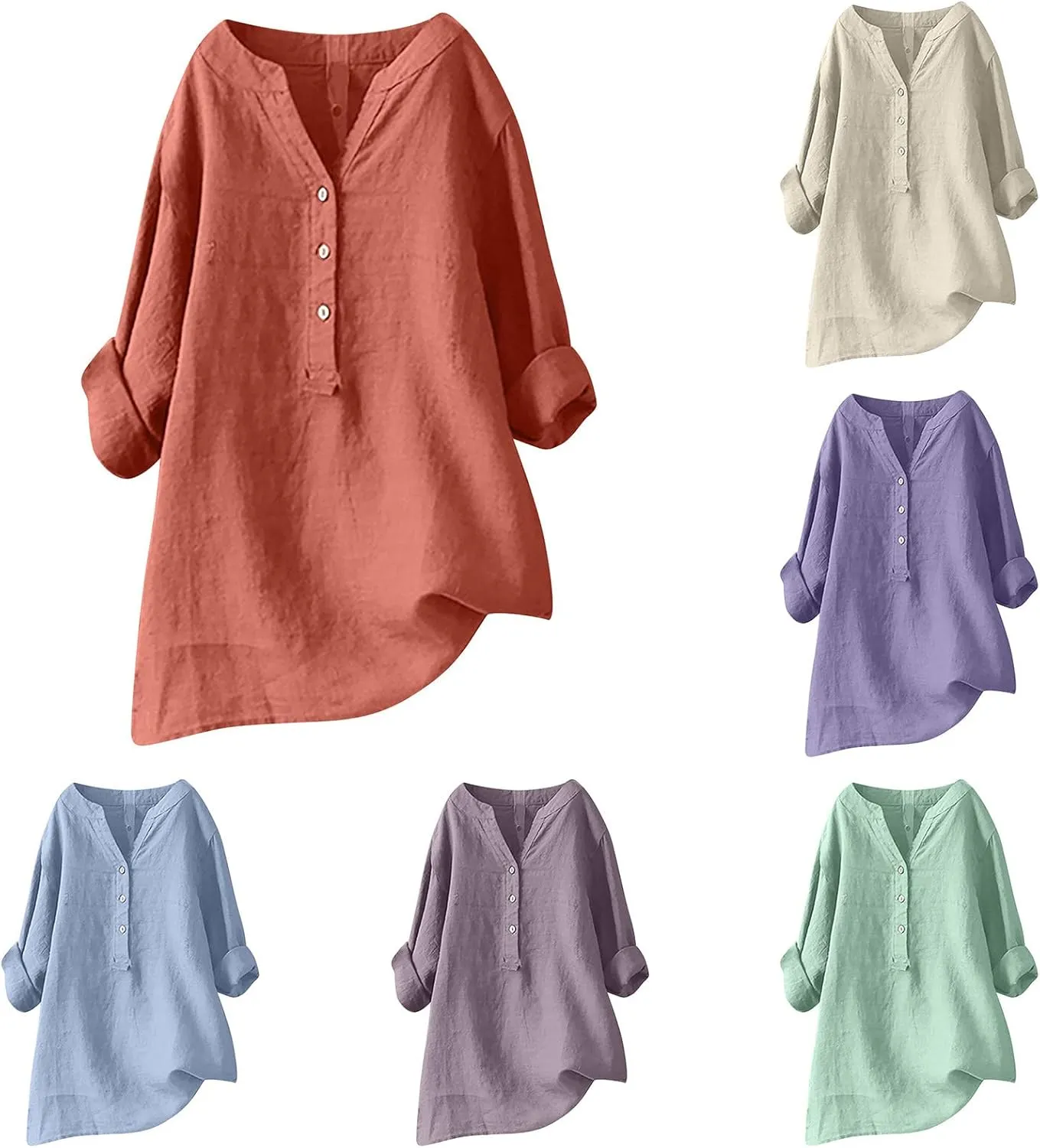 HGps8w Oversized Cotton Linen Tops for Women Half Button V Neck Long Sleeve Loose T-Shirts Summer Solid Color Tunic Blouse