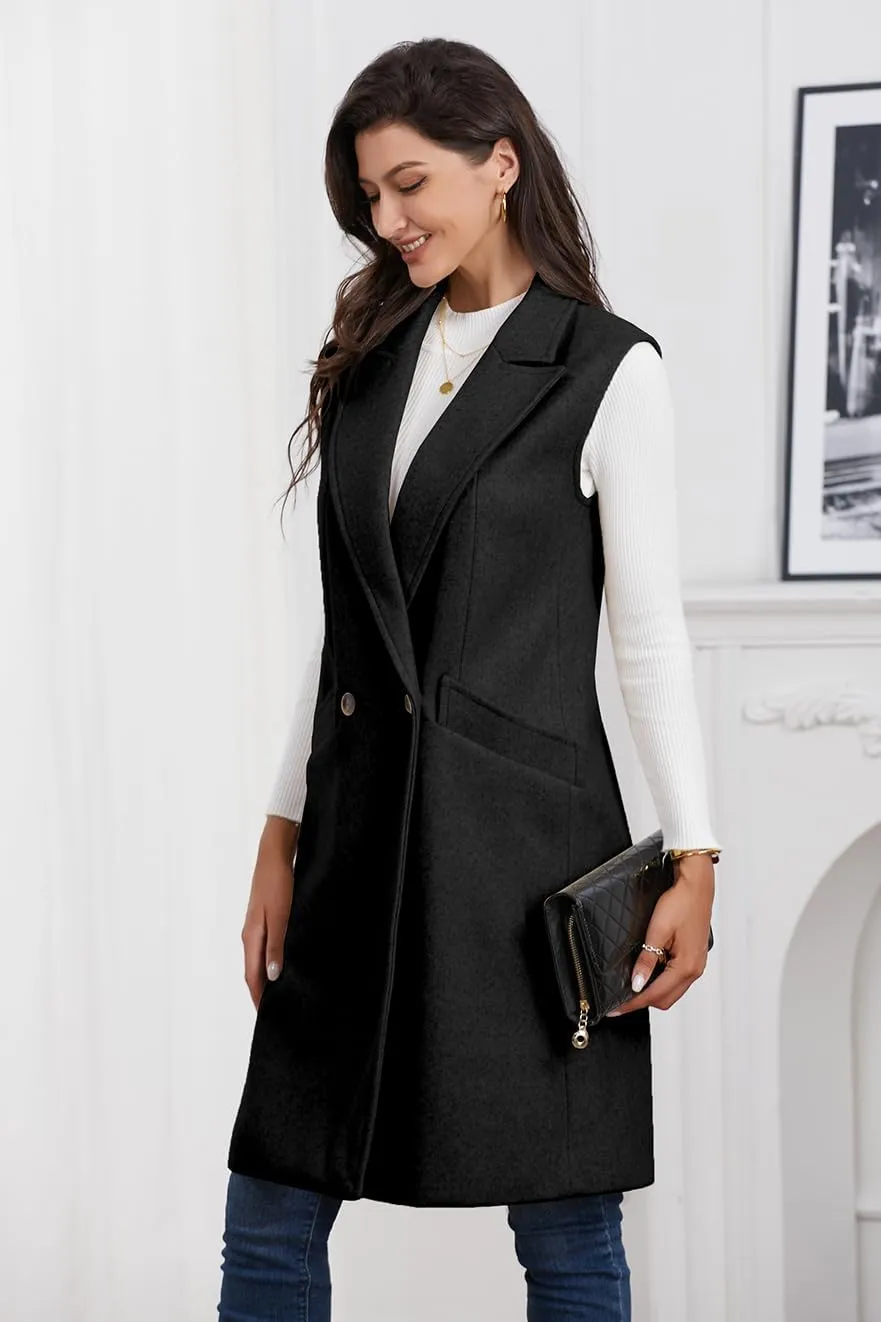 IDEALSANXUN Womens Long Vest Fall Winter Wool Sleeveless Blazer Jackets Waistcoat Coats