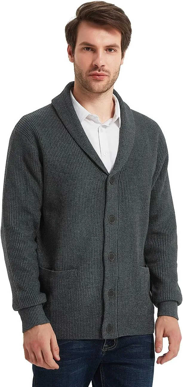 Kallspin Men's Wool Blend Shawl Collar Cardigan Sweater Button Down Knitwear with Pockets