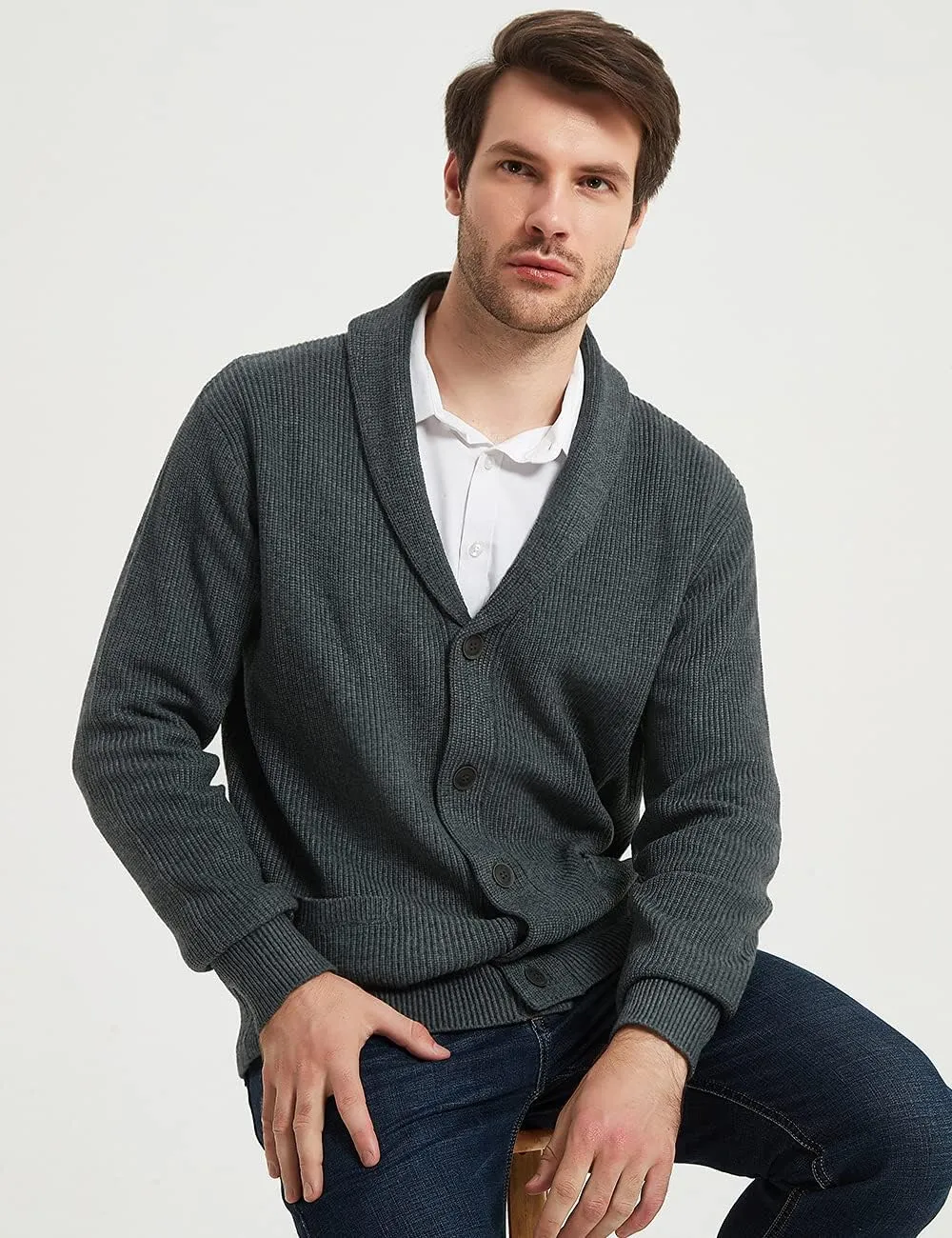 Kallspin Men's Wool Blend Shawl Collar Cardigan Sweater Button Down Knitwear with Pockets