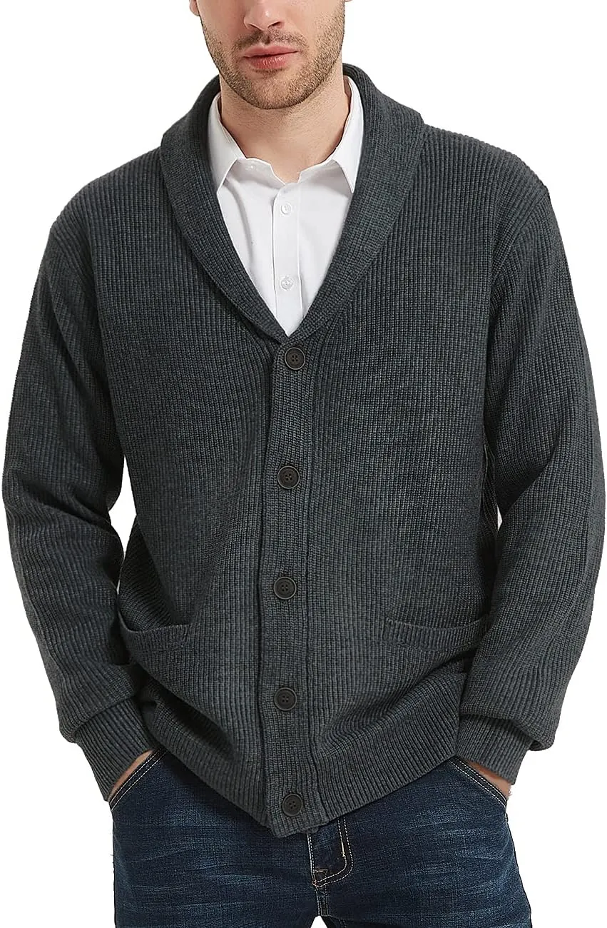 Kallspin Men's Wool Blend Shawl Collar Cardigan Sweater Button Down Knitwear with Pockets