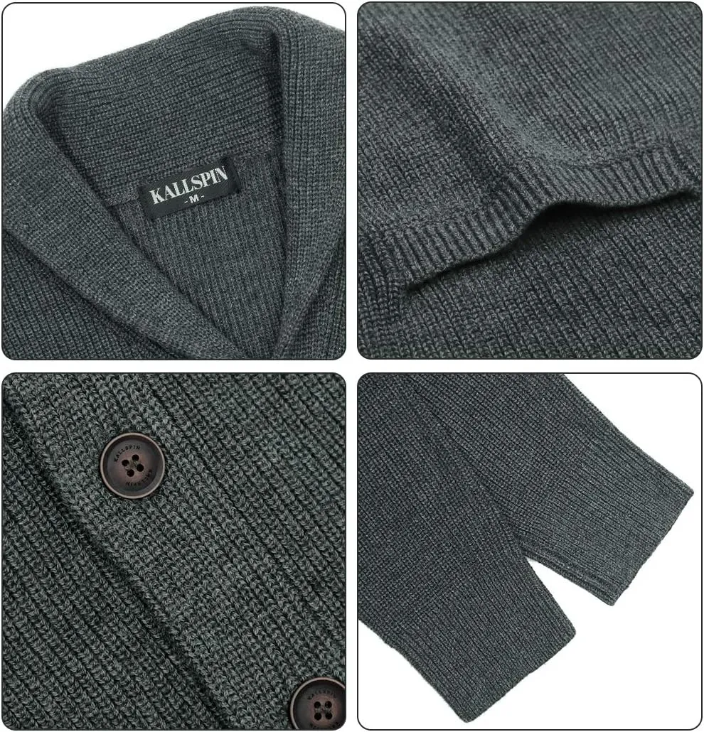 Kallspin Men's Wool Blend Shawl Collar Cardigan Sweater Button Down Knitwear with Pockets