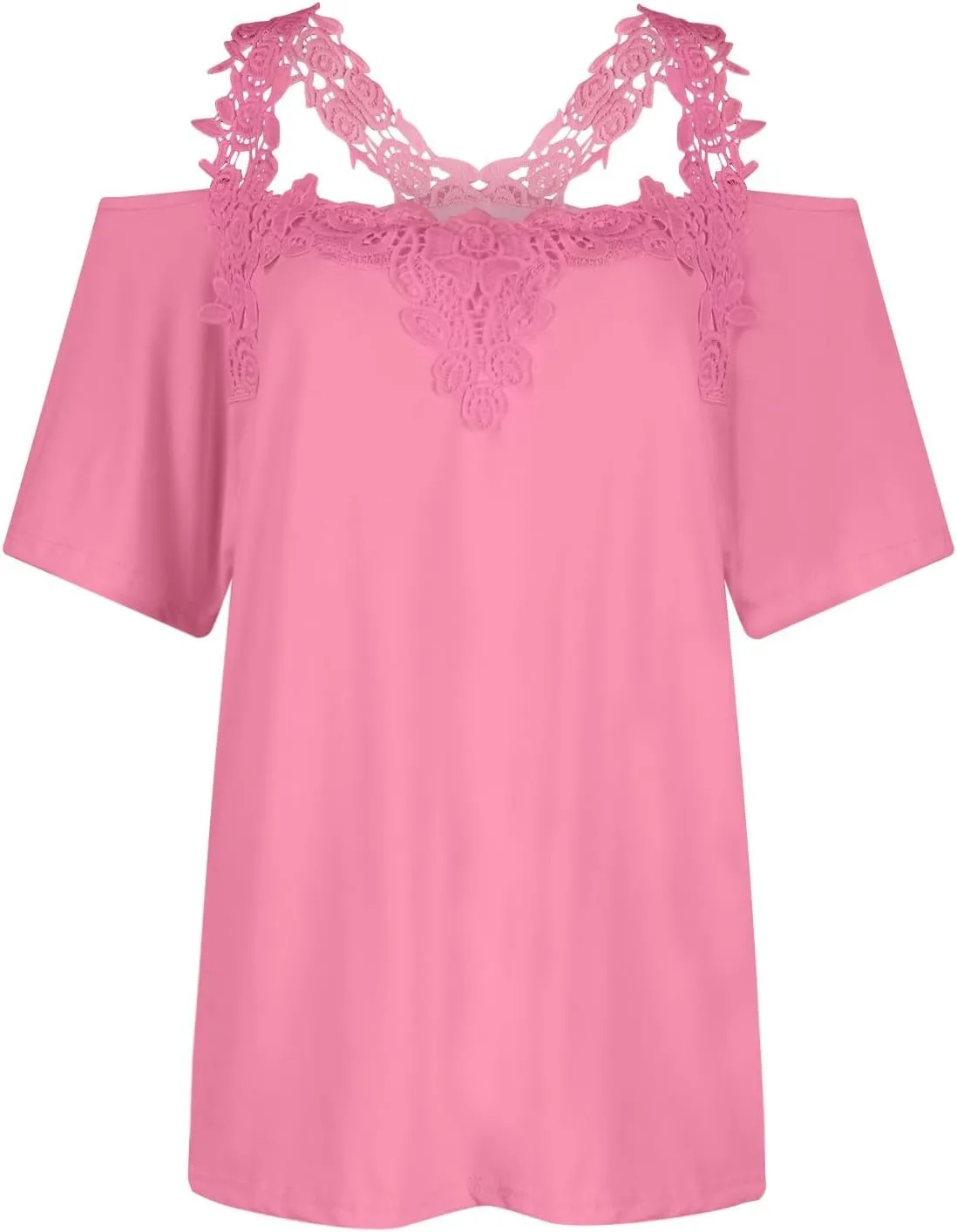 Lace Crochet Cold Shoulder Tops for Women Summer Dressy Casual T Shirt V Neck Short Sleeve Tshirt Strappy Blouses