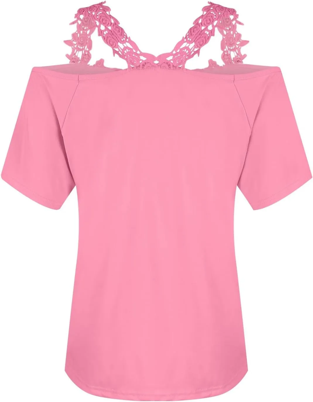 Lace Crochet Cold Shoulder Tops for Women Summer Dressy Casual T Shirt V Neck Short Sleeve Tshirt Strappy Blouses