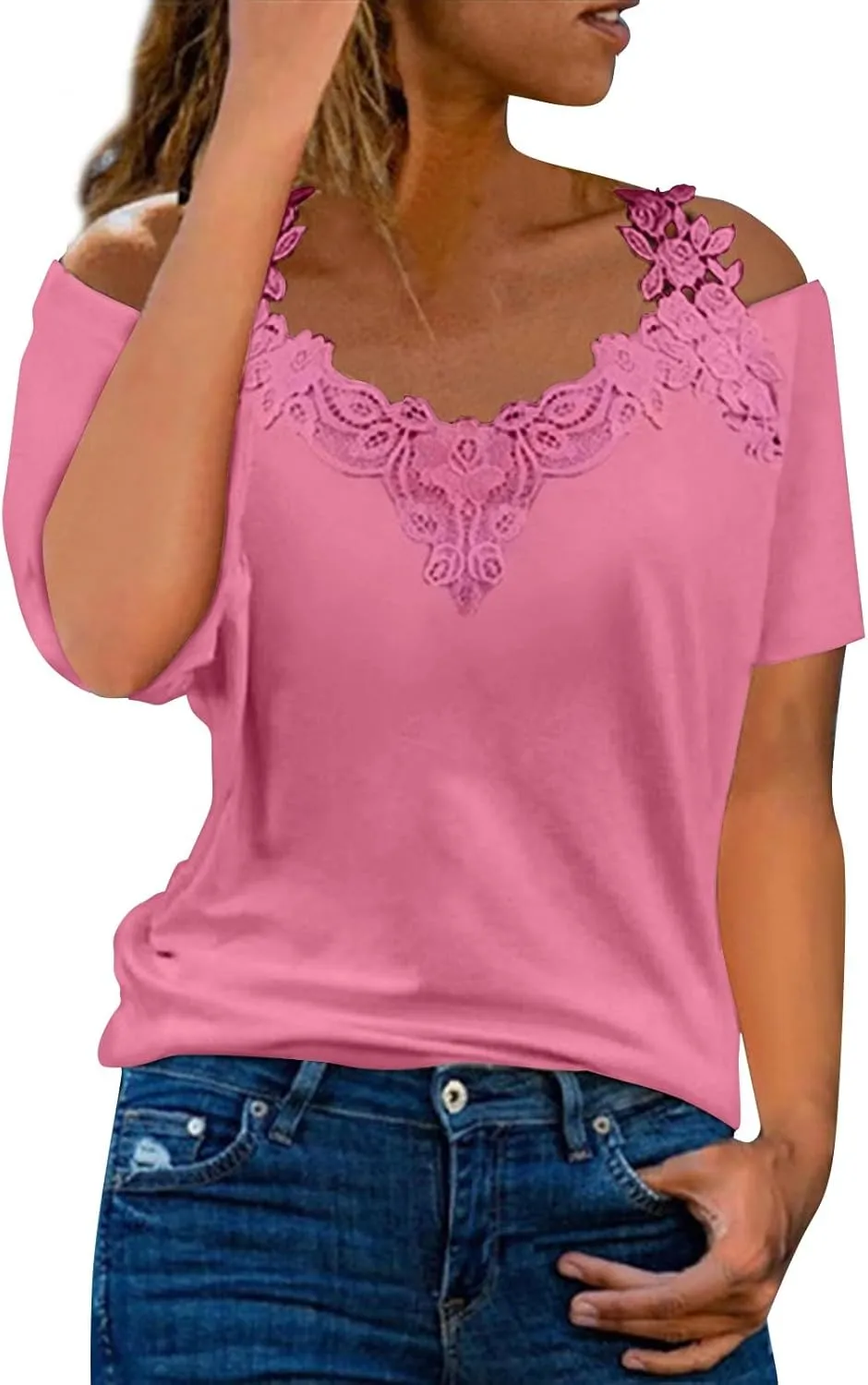 Lace Crochet Cold Shoulder Tops for Women Summer Dressy Casual T Shirt V Neck Short Sleeve Tshirt Strappy Blouses
