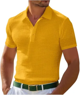 Men's Waffle Knit Polo Shirts Summer Short Sleeve Texture Lightweight Golf Shirts Sweater Muscle T-Shirt Tops
