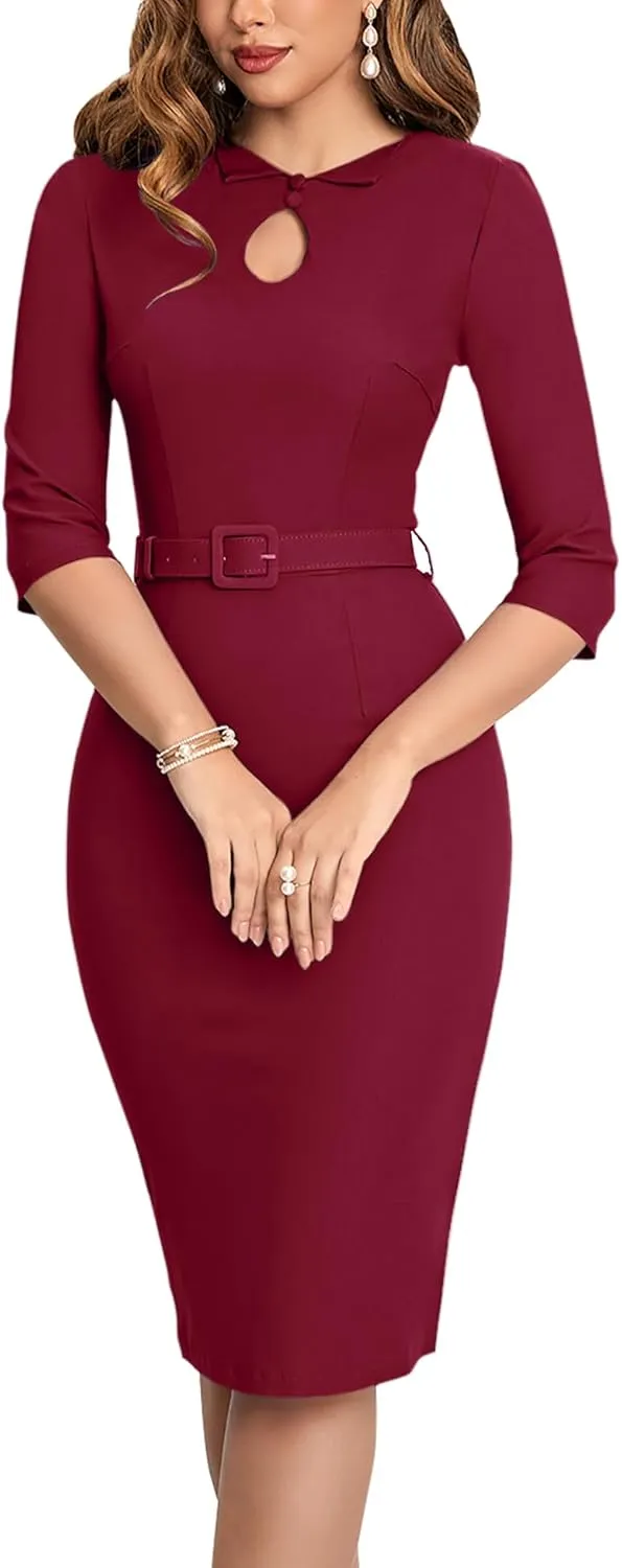MUXXN Women's Audrey Hepburn 1960s Half Sleeve Formal Work Dress with Belt