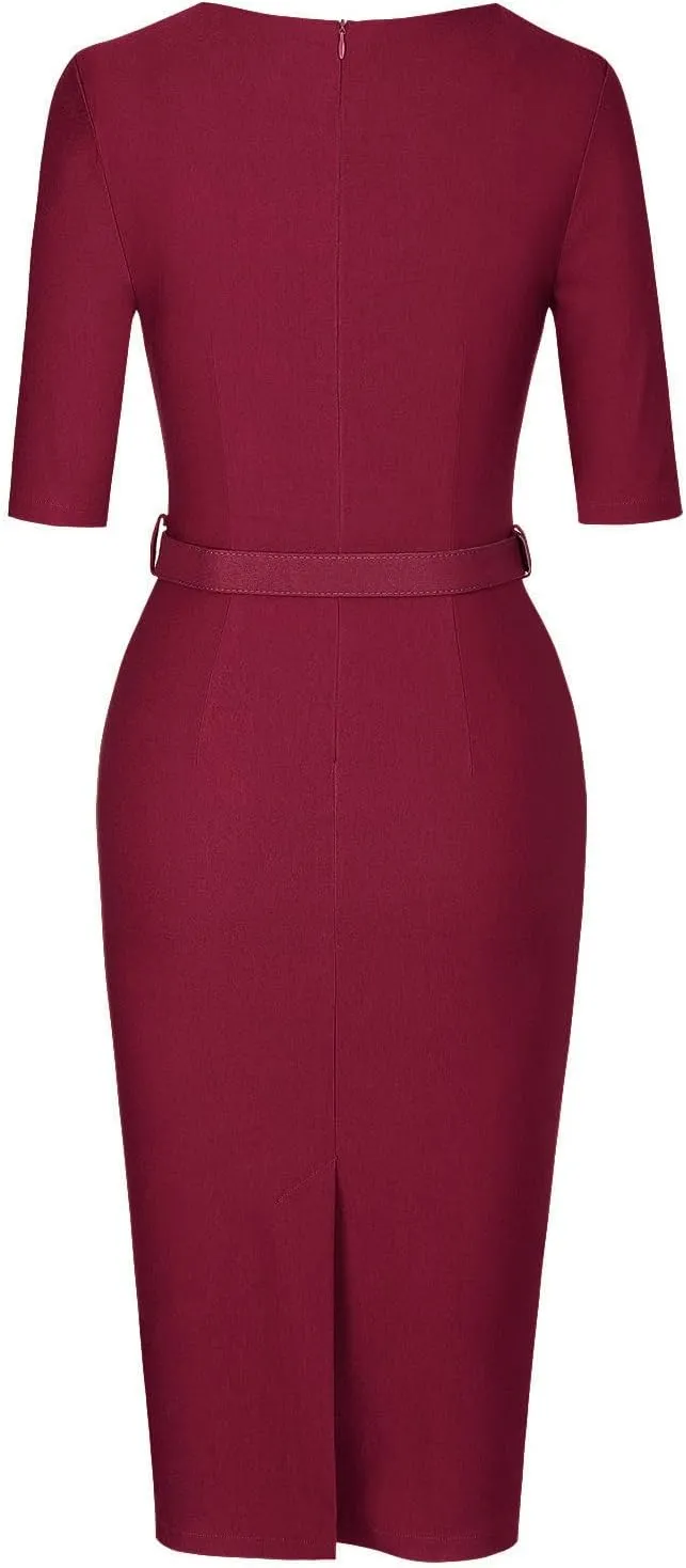 MUXXN Women's Audrey Hepburn 1960s Half Sleeve Formal Work Dress with Belt