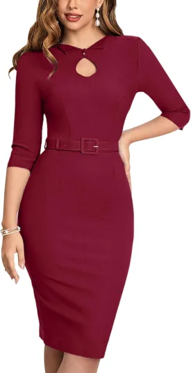 MUXXN Women's Audrey Hepburn 1960s Half Sleeve Formal Work Dress with Belt