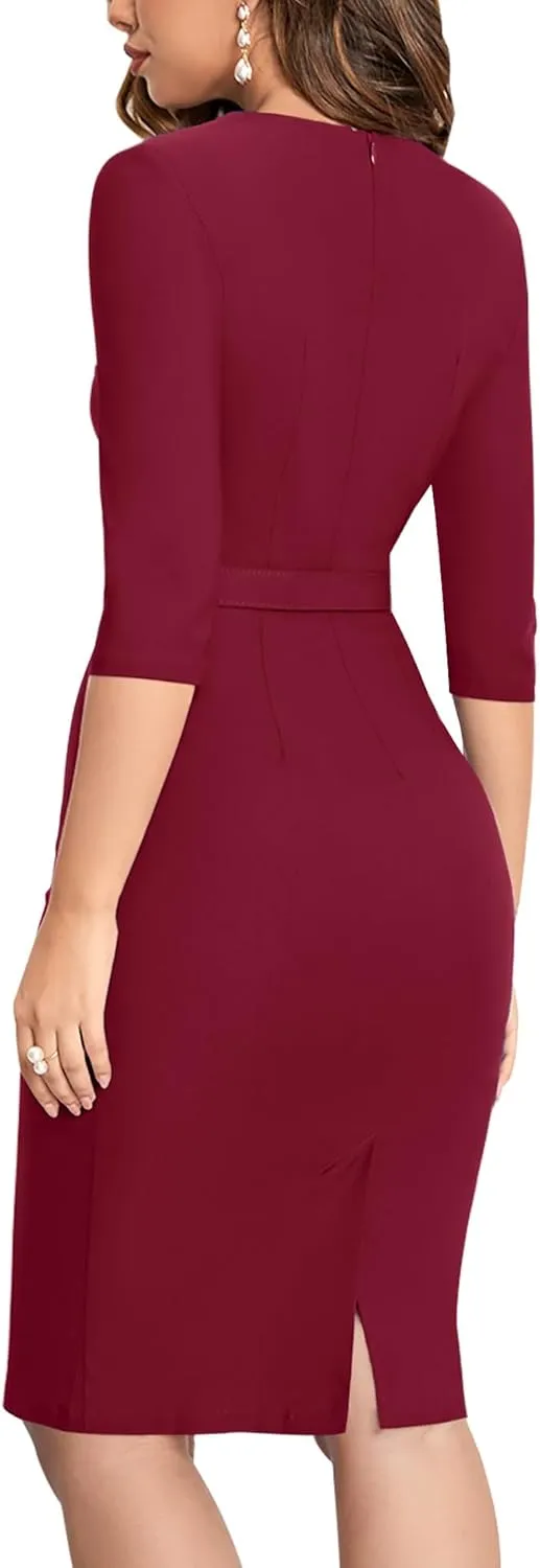 MUXXN Women's Audrey Hepburn 1960s Half Sleeve Formal Work Dress with Belt