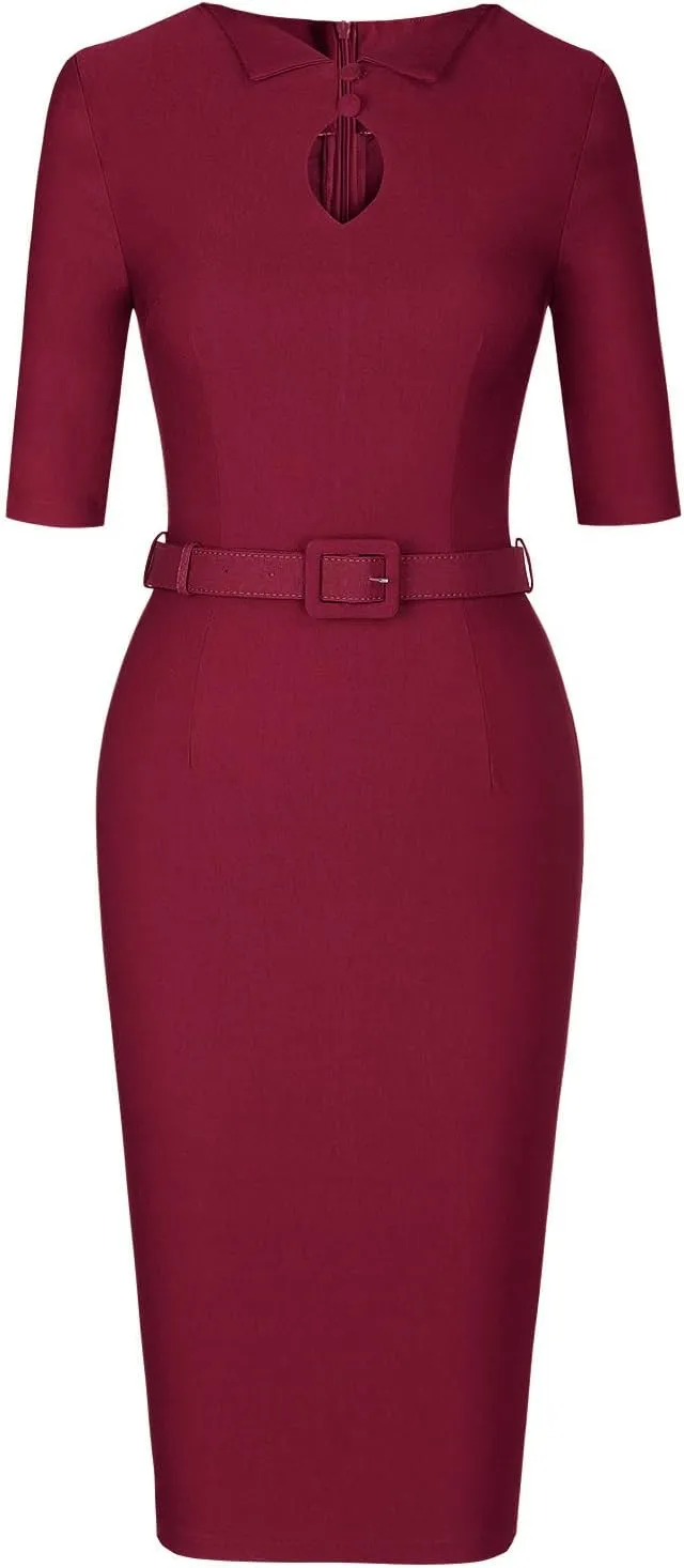 MUXXN Women's Audrey Hepburn 1960s Half Sleeve Formal Work Dress with Belt