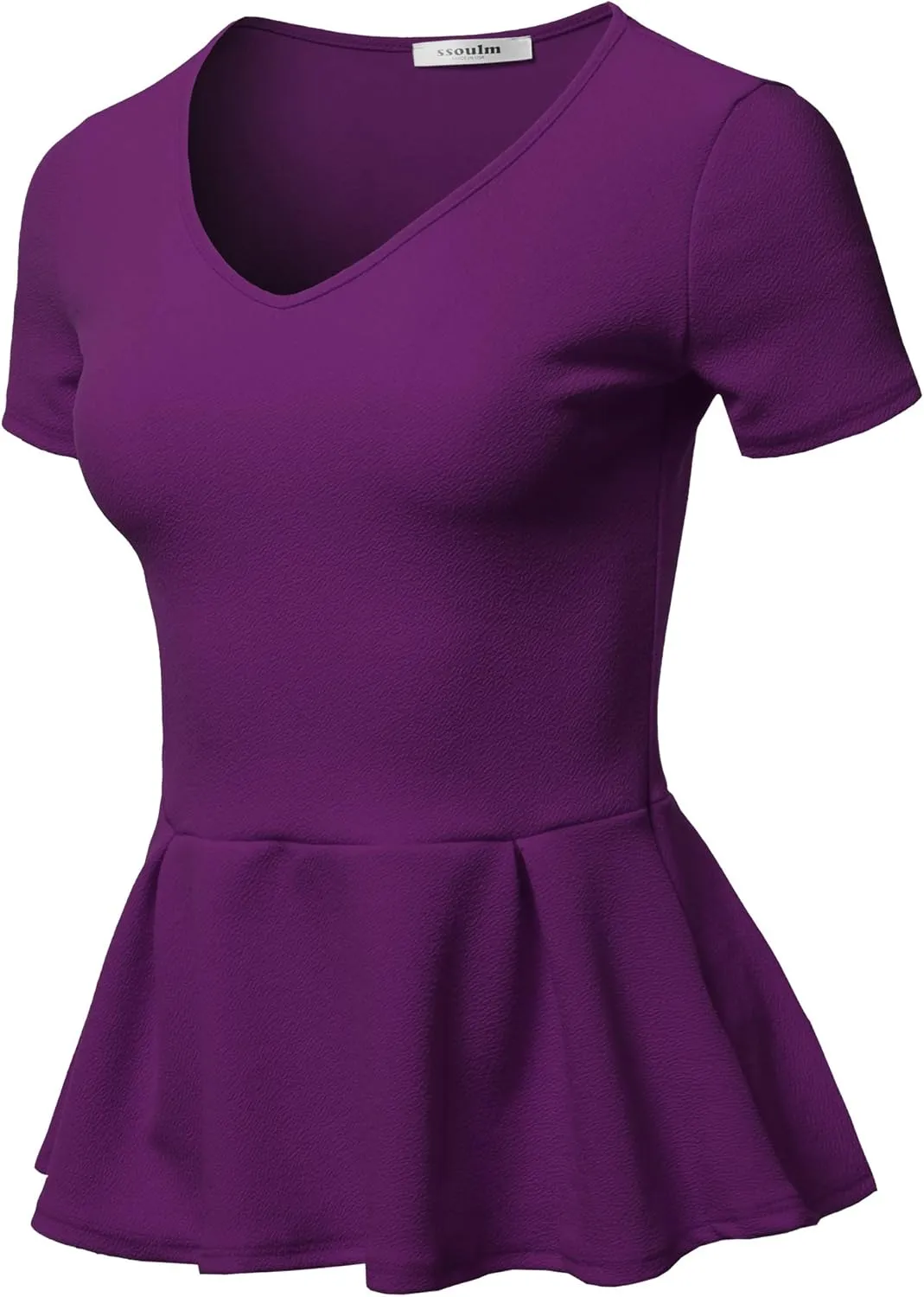 SSOULM Women's Classic Stretchy Short Sleeve Flare Peplum Blouse Top with Plus Size