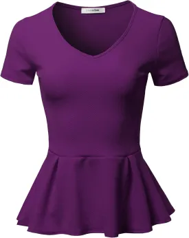 SSOULM Women's Classic Stretchy Short Sleeve Flare Peplum Blouse Top with Plus Size