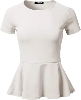 SSOULM Women's Classic Stretchy Short Sleeve Flare Peplum Blouse Top with Plus Size