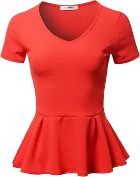 SSOULM Women's Classic Stretchy Short Sleeve Flare Peplum Blouse Top with Plus Size