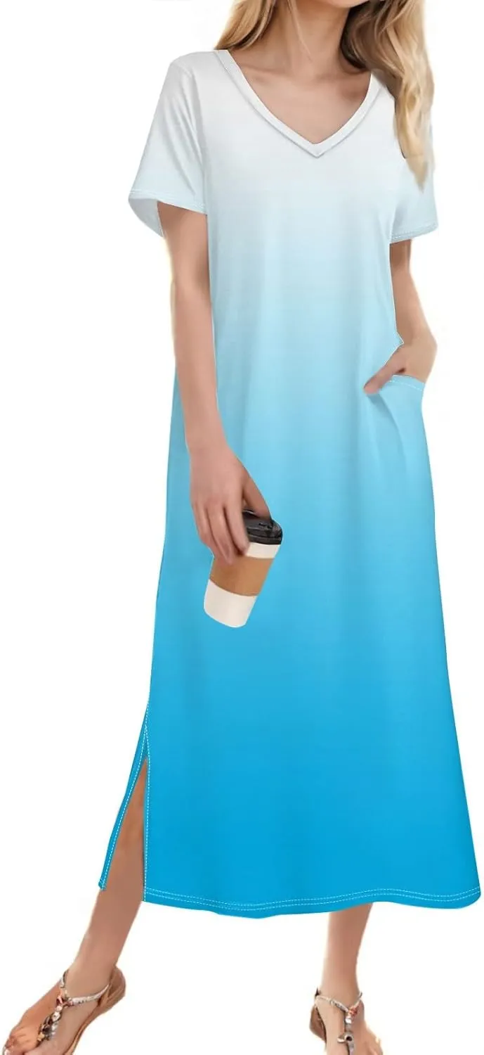 Summer Dresses for Women 2025 Beach Vacation Spring Clothes Short Sleeve V Neck Casual Maxi Dresses