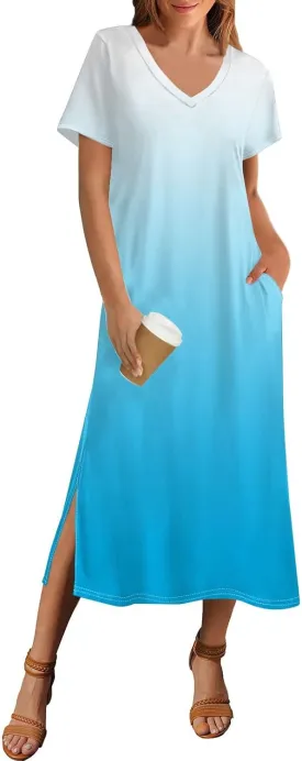 Summer Dresses for Women 2025 Beach Vacation Spring Clothes Short Sleeve V Neck Casual Maxi Dresses
