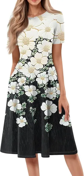 Summer Dresses for Women 2025 Midi Short Sleeve Round Neck Dresses Elegant Pleated with Side Pocket A Line Dress