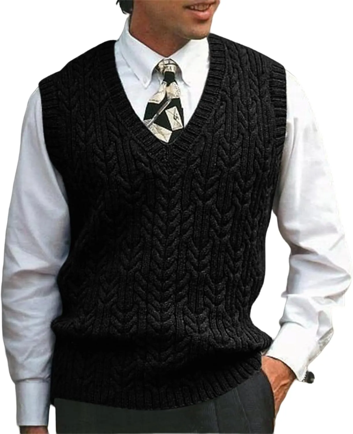 Sweaters for Men V-Neck Casual Knitted Vest Cozy Warm Solid Pullover Fall Loose Sleeveless Knitwear Cable Sweater