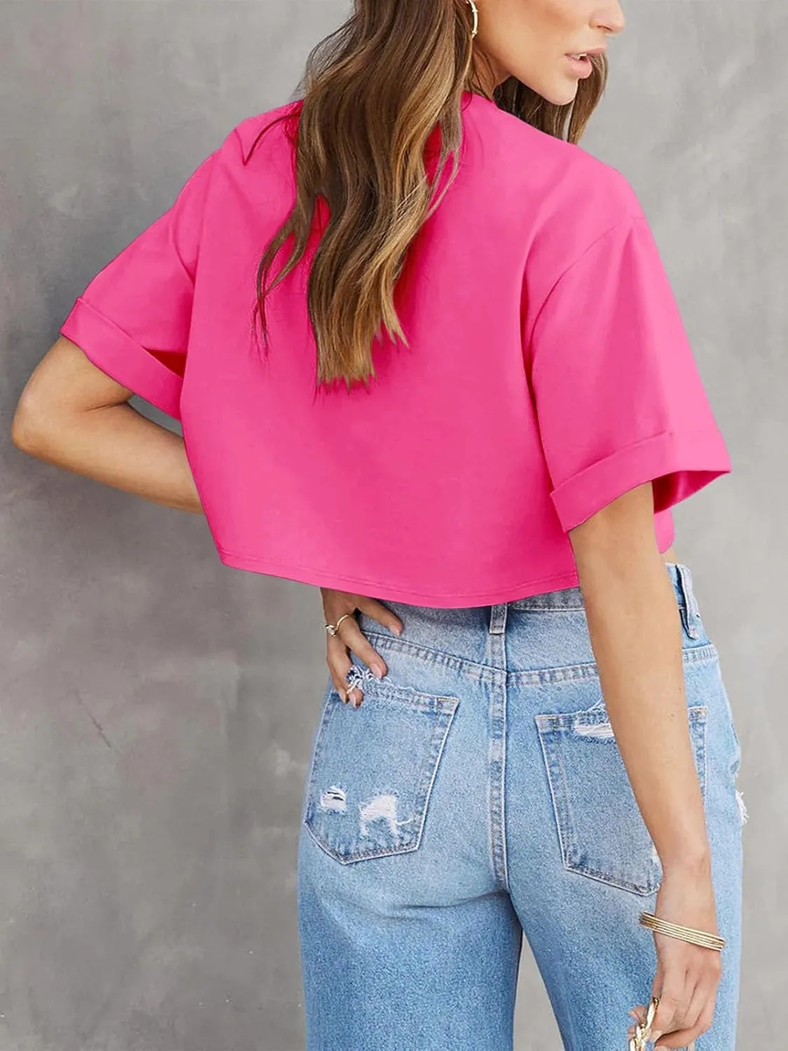 Tankaneo Women Crop T-Shirts Half Sleeve Drop Shoulder Cropped Tops Y2K Casual Summer Basic Tees