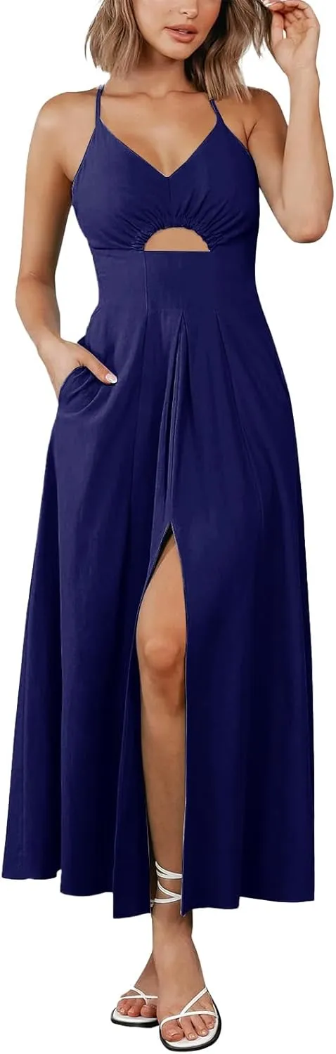Womens Elegant Dresses for Wedding Guest V Neck Sleeveless Maxi Dress Smocked Waist Cutout Slit Dress Party Evening