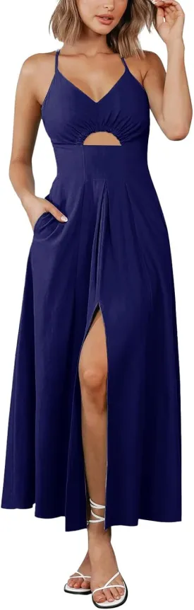 Womens Elegant Dresses for Wedding Guest V Neck Sleeveless Maxi Dress Smocked Waist Cutout Slit Dress Party Evening