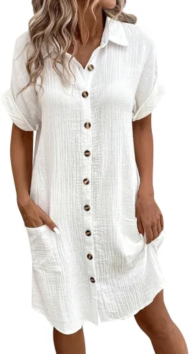 Women's Maxi Dress 2025 Summer Casual Loose Trendy V-Neck Short Sleeve Solid Linen Button Shirt Dresses, S-2XL