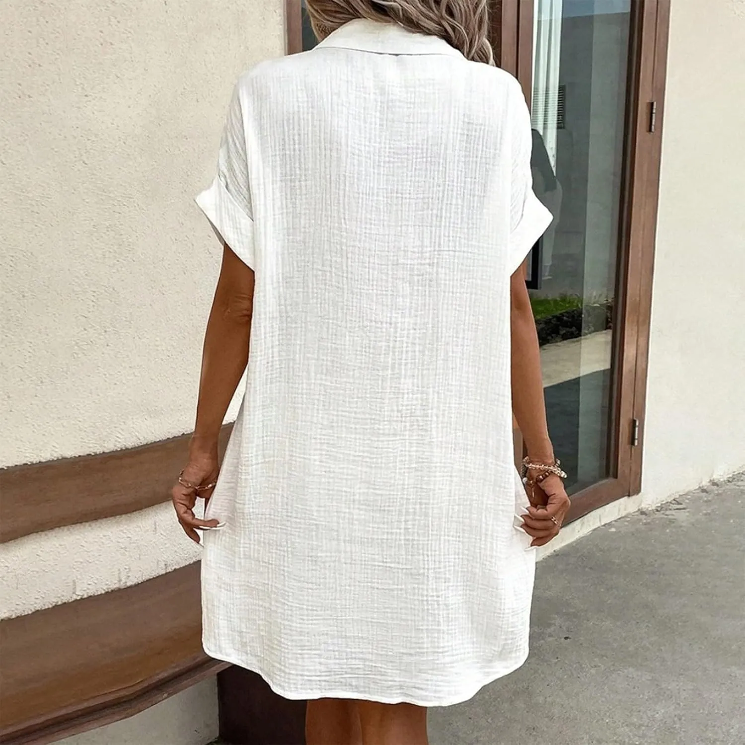 Women's Maxi Dress 2025 Summer Casual Loose Trendy V-Neck Short Sleeve Solid Linen Button Shirt Dresses, S-2XL