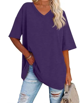 Womens Summer Oversized Shirts V Neck Business Casual Workout Tops Beach Vacation 2025 Gym Clothes Cotton Short Sleeve Tops