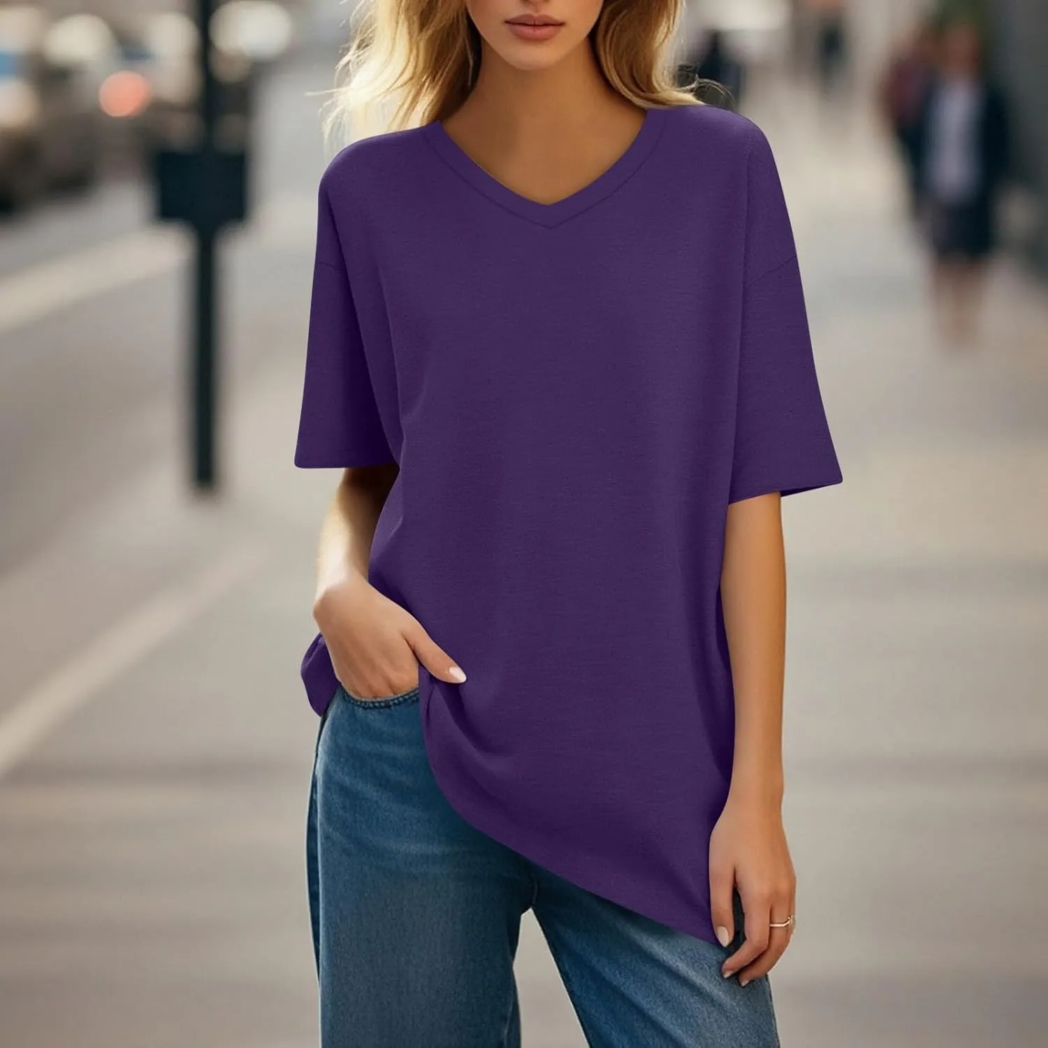 Womens Summer Oversized Shirts V Neck Business Casual Workout Tops Beach Vacation 2025 Gym Clothes Cotton Short Sleeve Tops