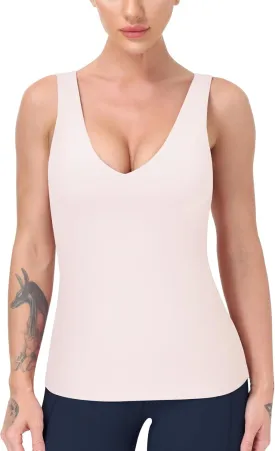 Workout Tops for Women Yoga Tank Tops with Built in Bra Wirefree Padded Yoga Bras Gym Running Athletic Shirt V-Neck Camisole